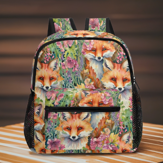 11 inch Backpack with Fox and Flowers Print front view on table