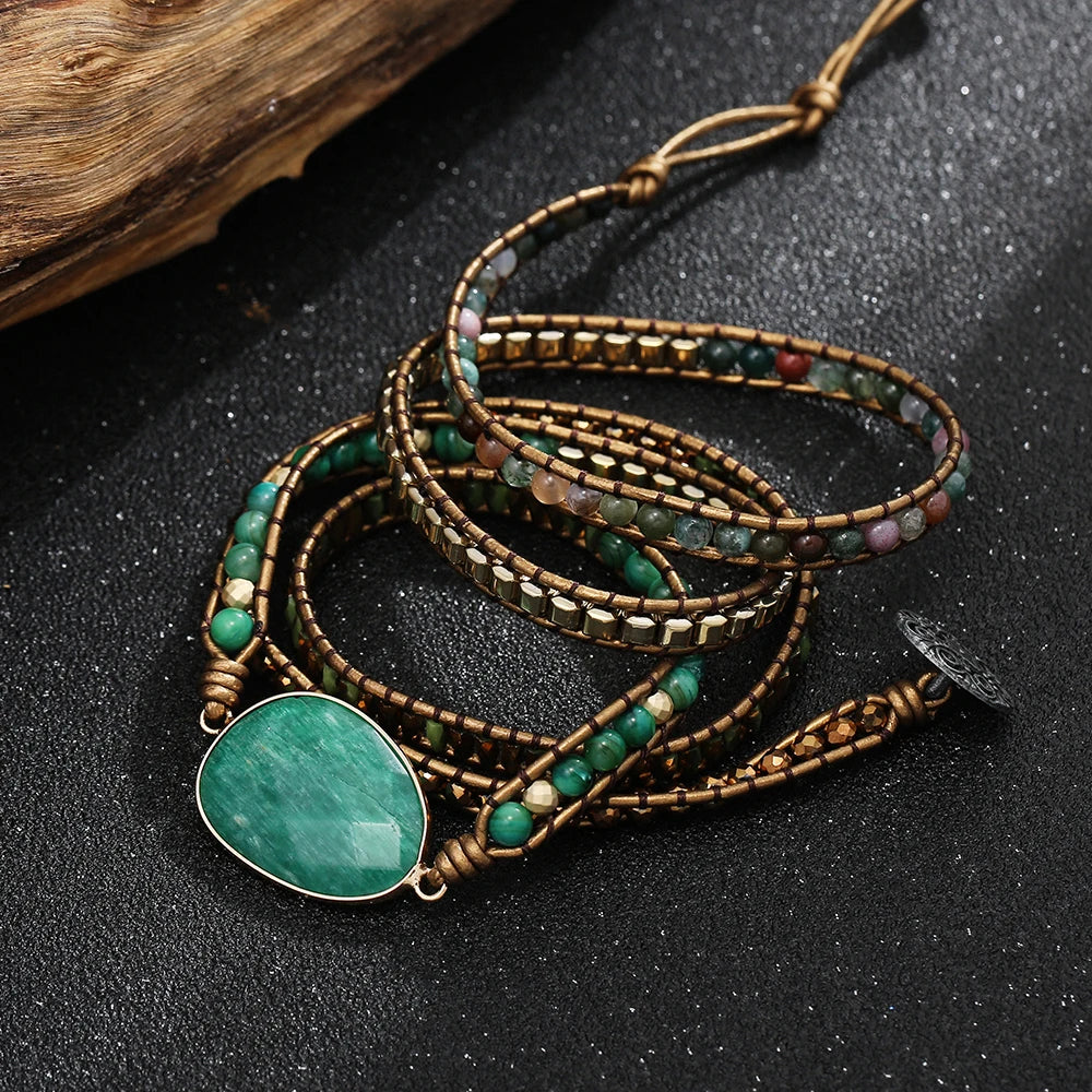 Leather Beaded Stone 5 Wrap Bracelet