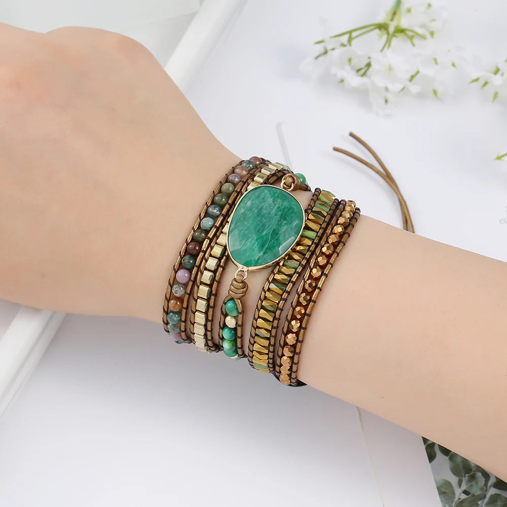 Leather Beaded Stone 5 Wrap Bracelet
