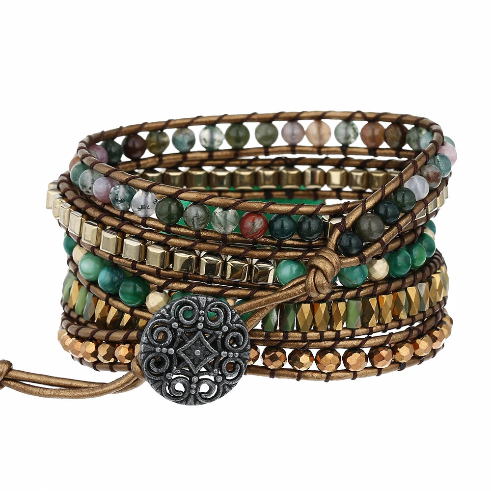 Leather Beaded Stone 5 Wrap Bracelet