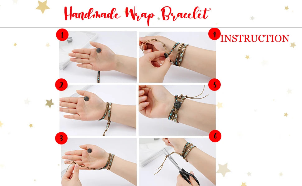 Leather Beaded Stone 5 Wrap Bracelet
