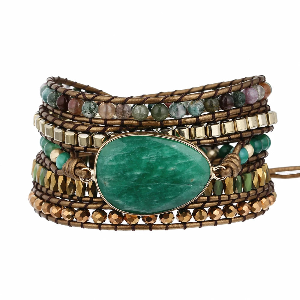 Leather Beaded Stone 5 Wrap Bracelet