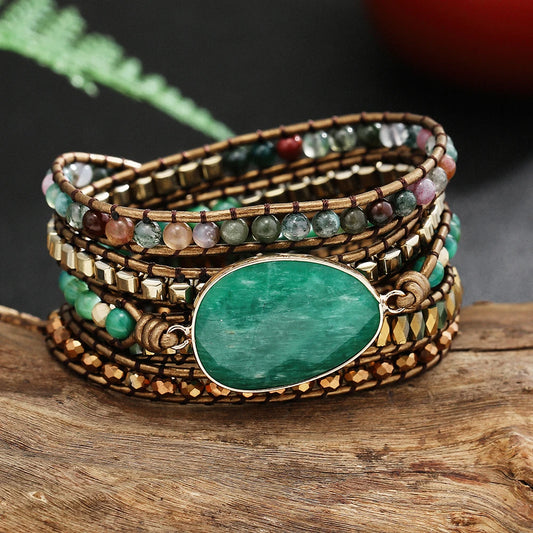 Leather Beaded Stone 5 Wrap Bracelet