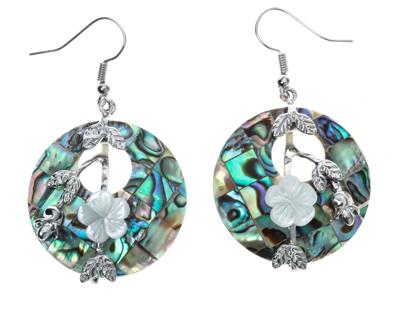 Pair of earrings with circular design, floral elements, and metallic accents on a white background