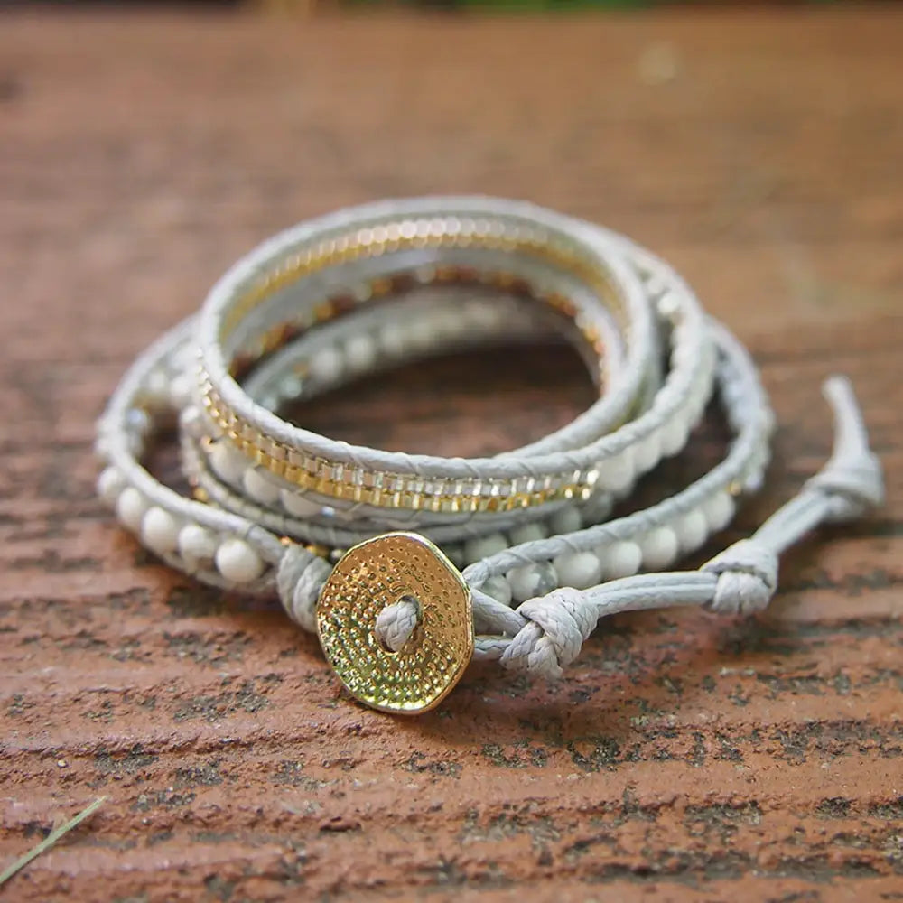 Boho White Howlite Mix Wrap Bracelet with Gray Cord