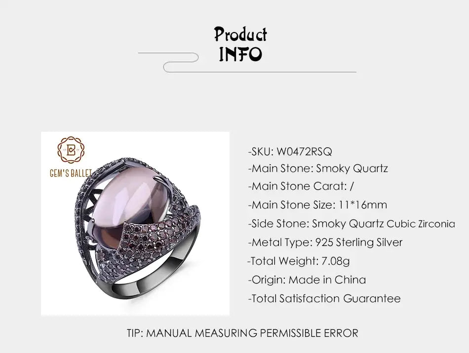 Natural Smoky Quartz Gemstone Cocktail Ring
