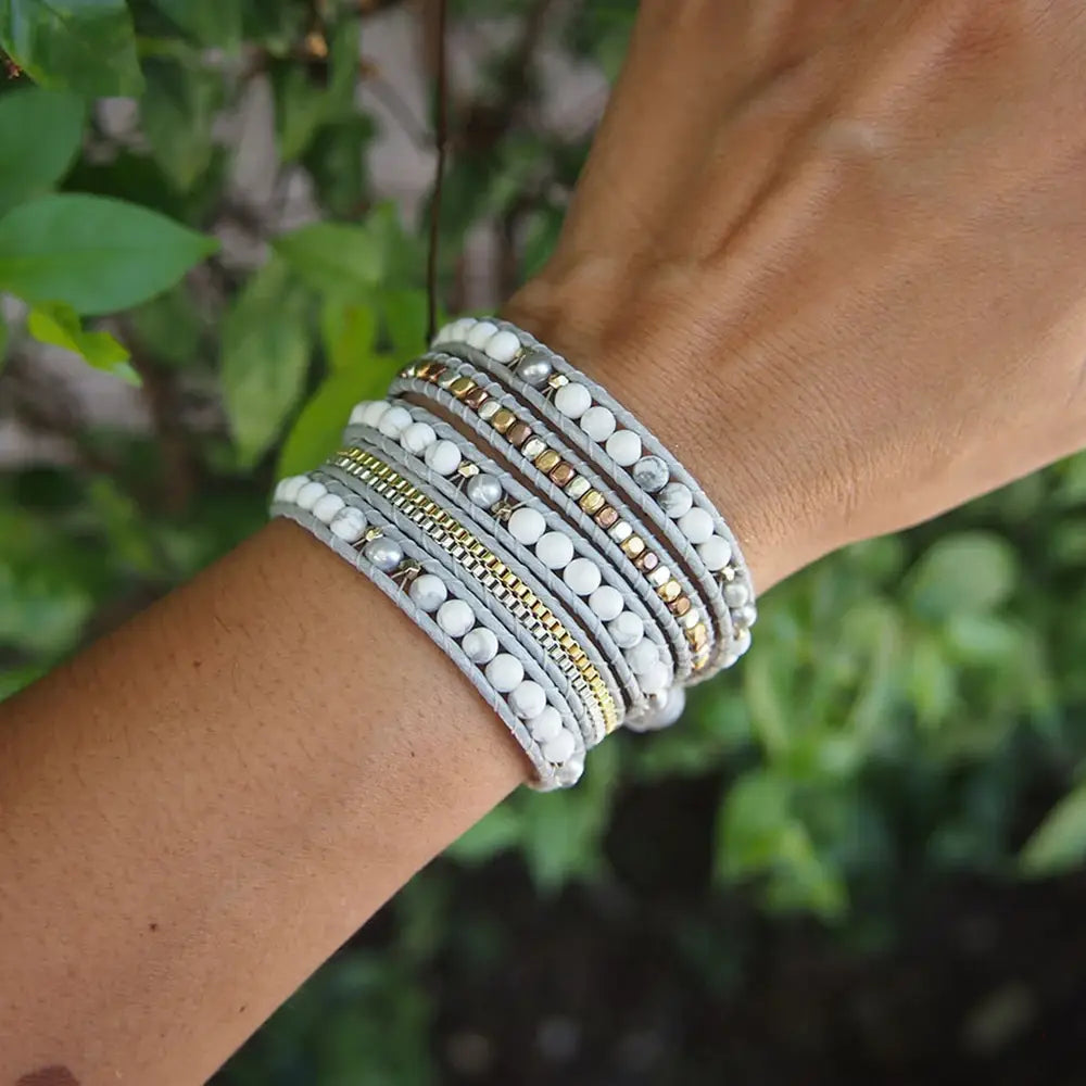 Boho White Howlite Mix Wrap Bracelet with Gray Cord