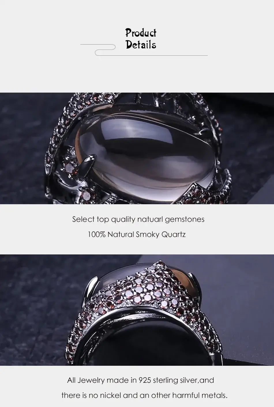 Natural Smoky Quartz Gemstone Cocktail Ring