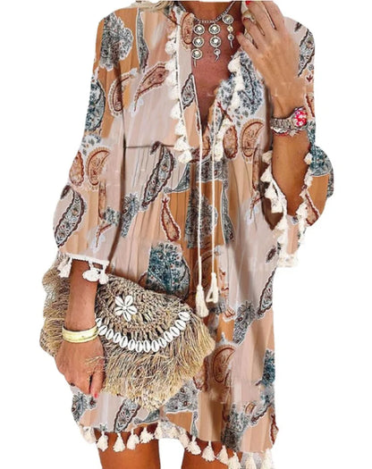 Print Boho Dress with Tassels