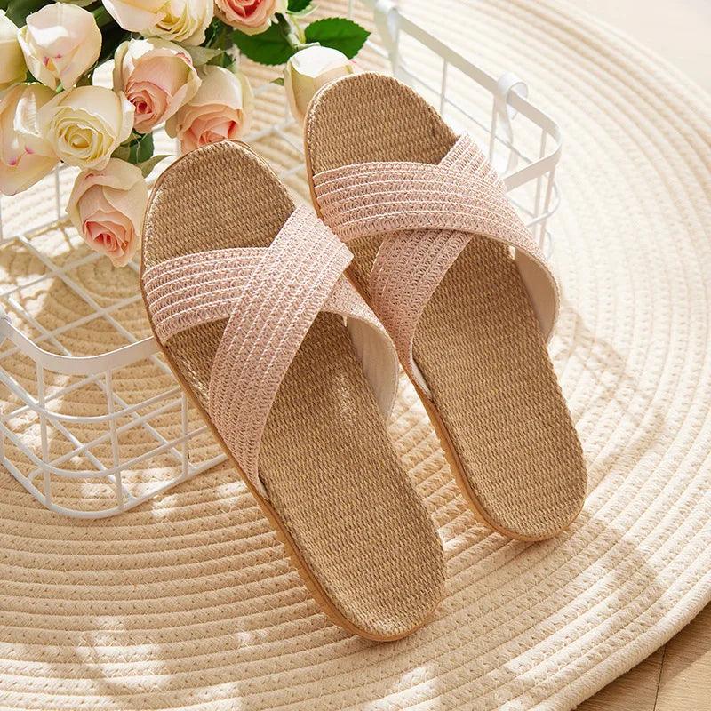 Cross Straps Linen Flat Sandals - Eclectage