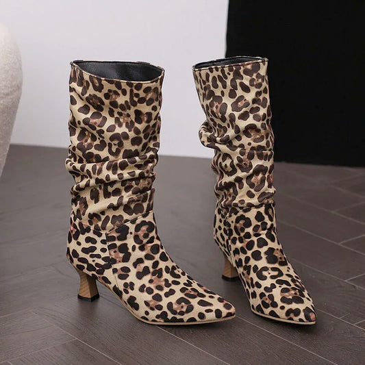 Leopard Print Mid-calf Boot Heels