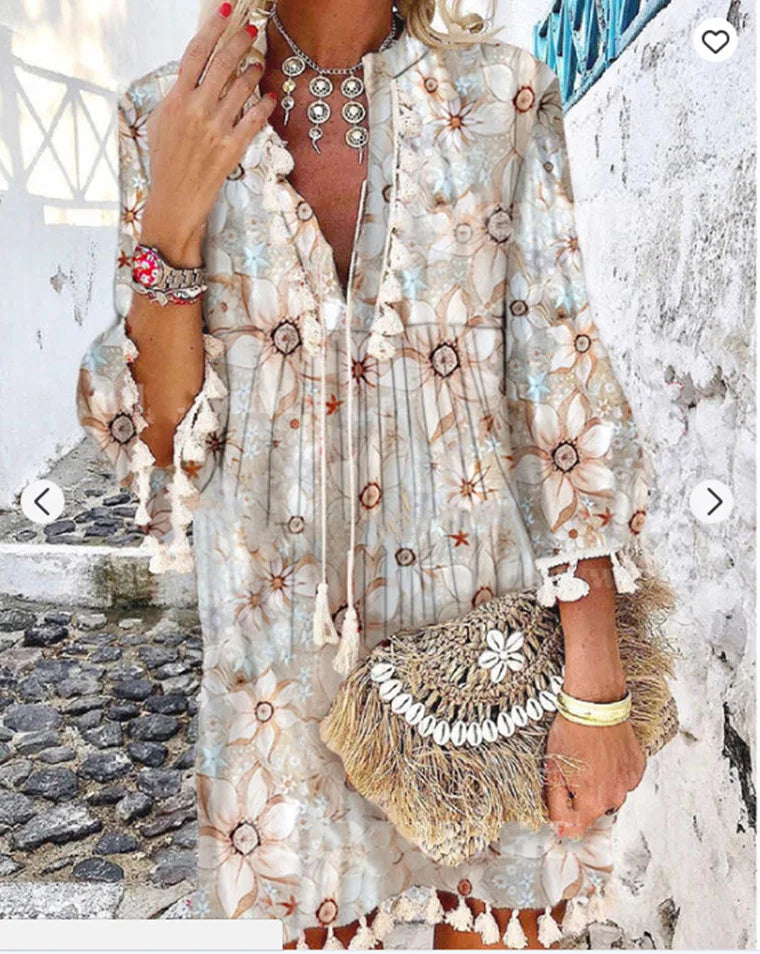 Print Boho Dress with Tassels