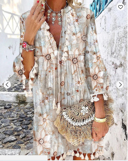 Print Boho Dress with Tassels