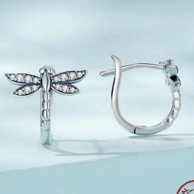 Sterling Silver Zircon Hoop Dragonfly Earrings - Eclectage