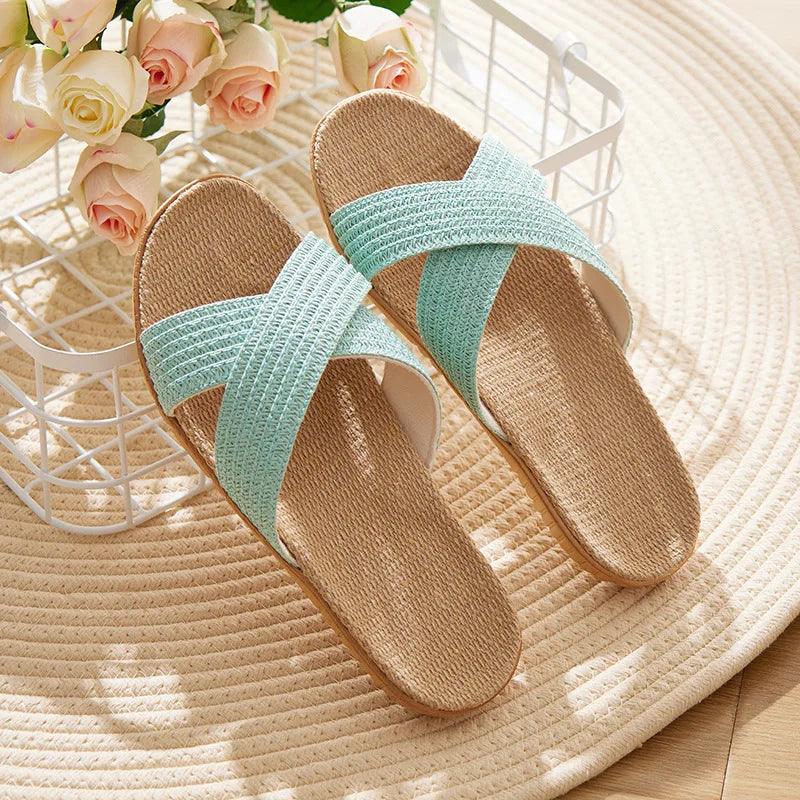 Cross Straps Linen Flat Sandals - Eclectage