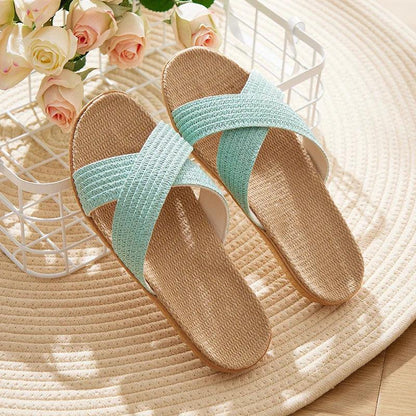 Cross Straps Linen Flat Sandals - Eclectage