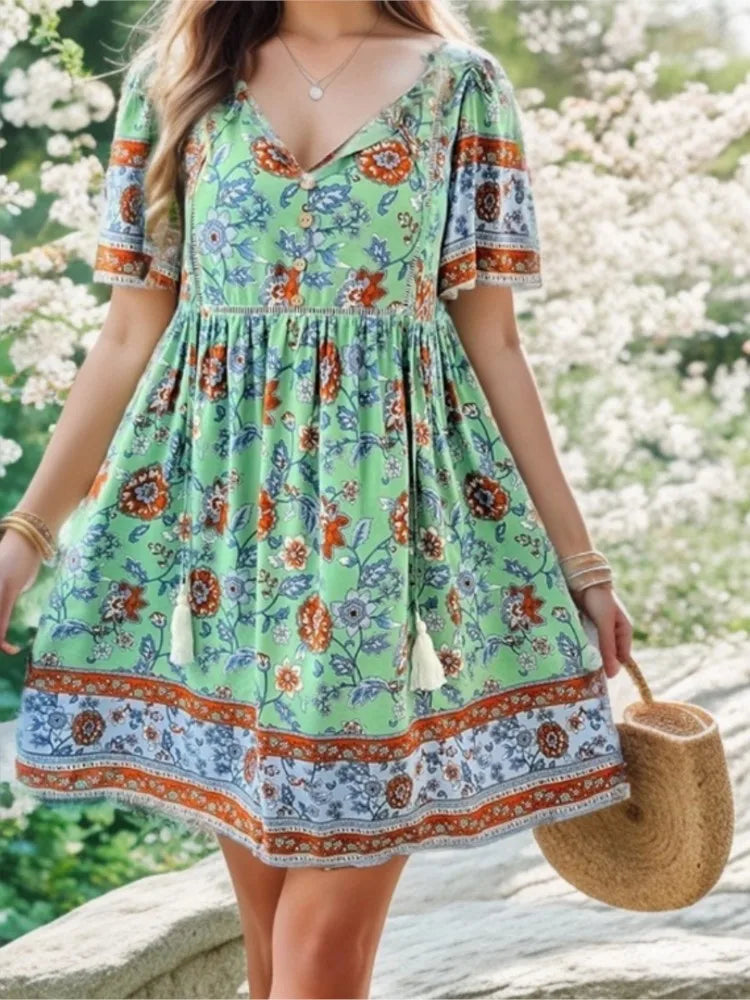 Floral Print Tassels Mini Dress