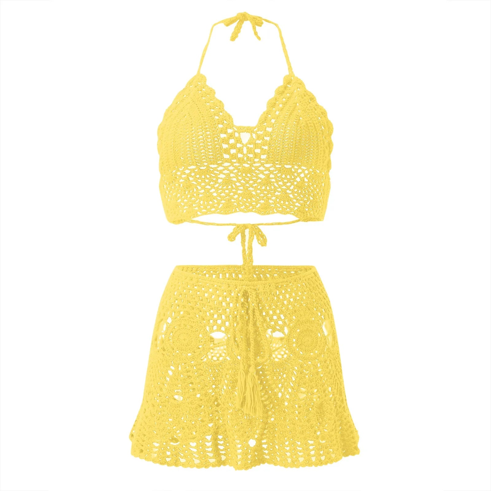 A bright yellow crocheted two-piece swimwear set featuring a halter crop top and a matching drawstring mini skirt, displayed against a solid white background.