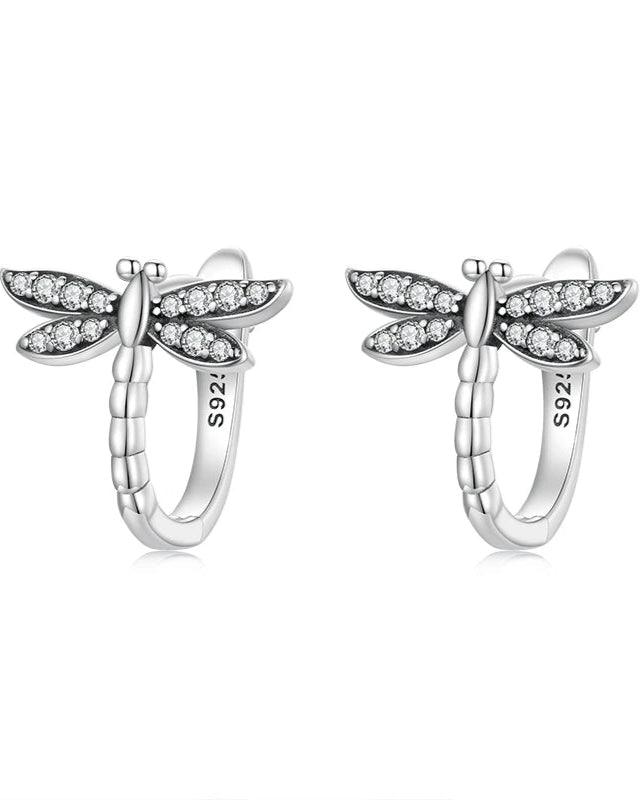 Sterling Silver Zircon Hoop Dragonfly Earrings - Eclectage