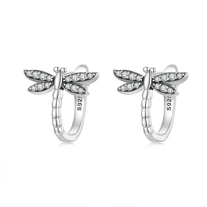 Sterling Silver Zircon Hoop Dragonfly Earrings - Eclectage