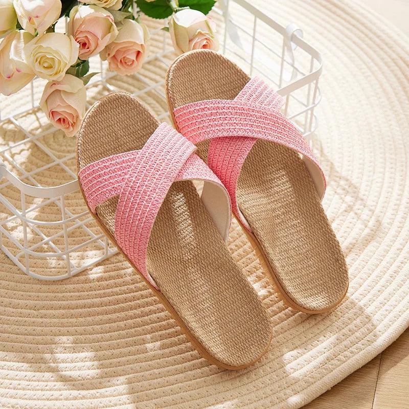 Cross Straps Linen Flat Sandals - Eclectage