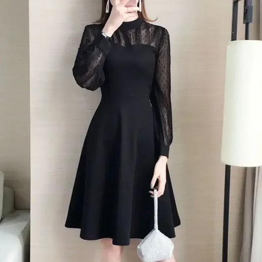 Black Long Sleeve Dress with Lace - Eclectage