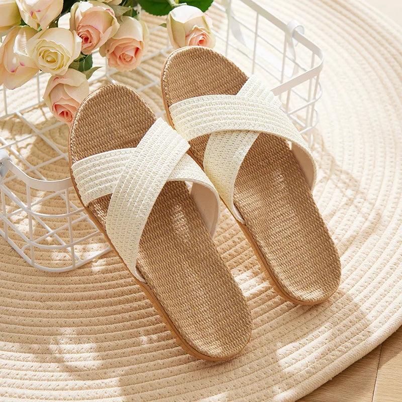 Cross Straps Linen Flat Sandals - Eclectage