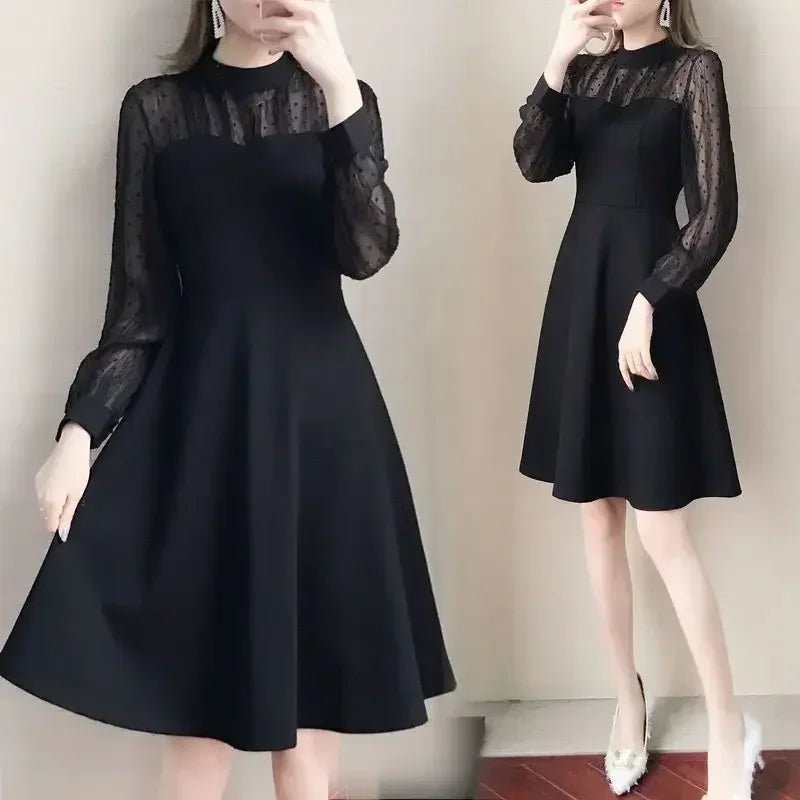 Black Long Sleeve Dress with Lace - Eclectage