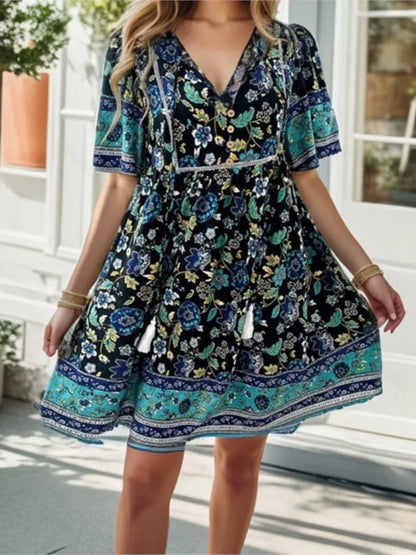 Floral Print Tassels Mini Dress