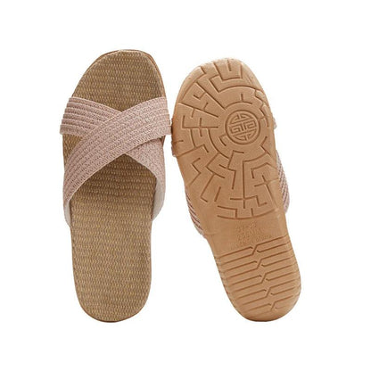 Cross Straps Linen Flat Sandals - Eclectage