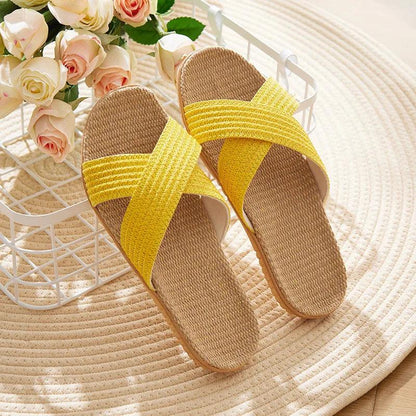 Cross Straps Linen Flat Sandals - Eclectage