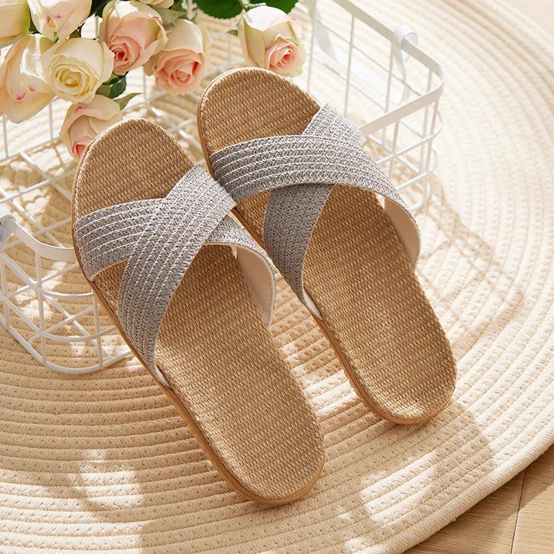 Cross Straps Linen Flat Sandals - Eclectage