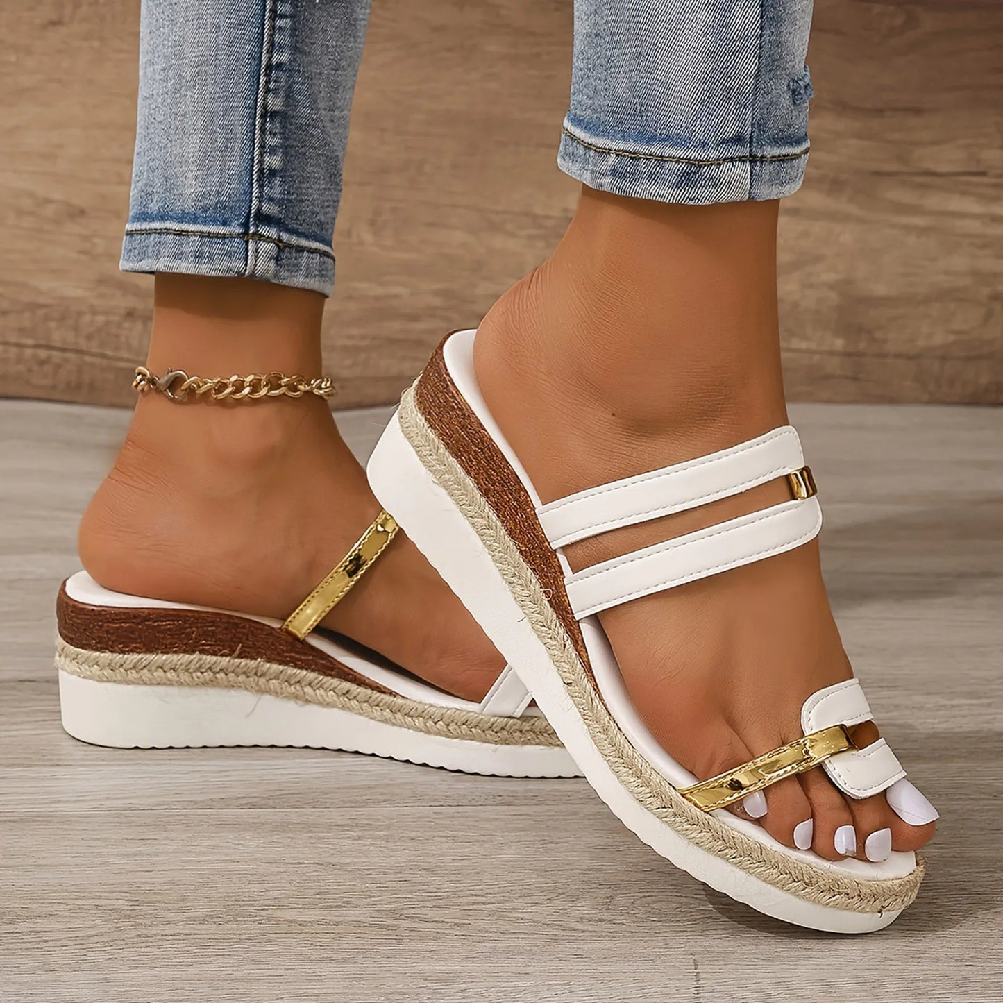 White and Gold Wedge Sandals - Eclectage