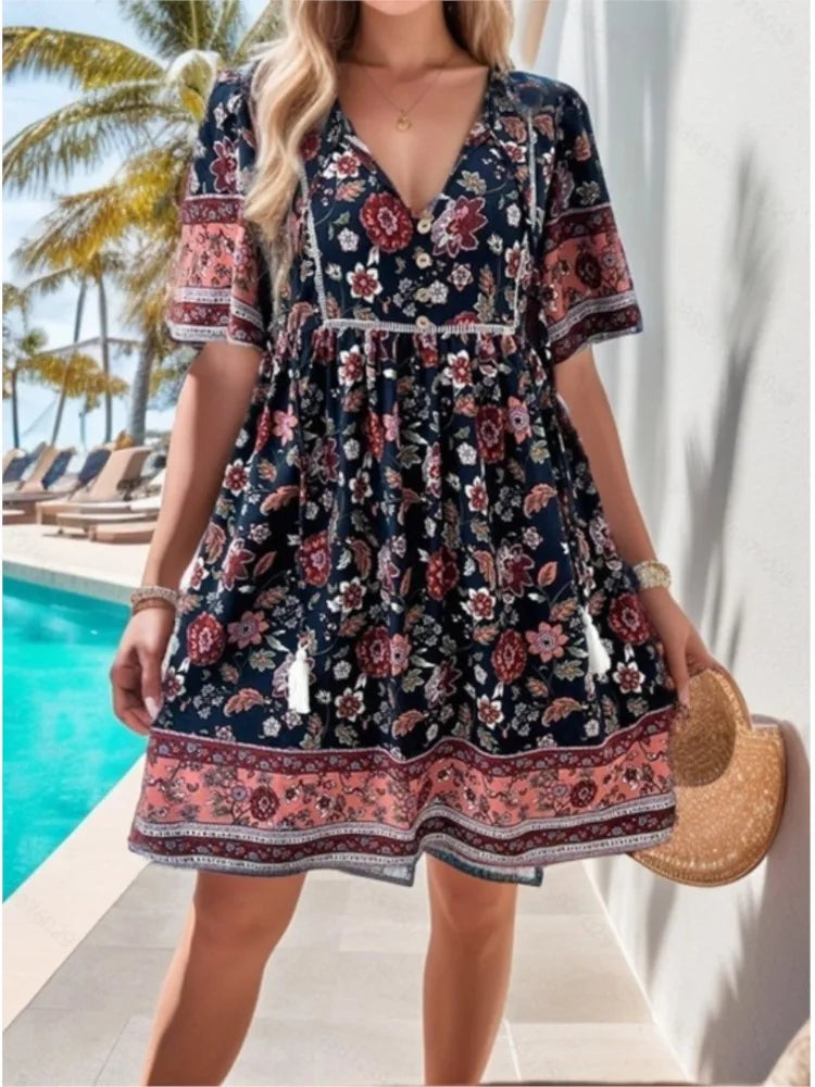 Floral Print Tassels Mini Dress