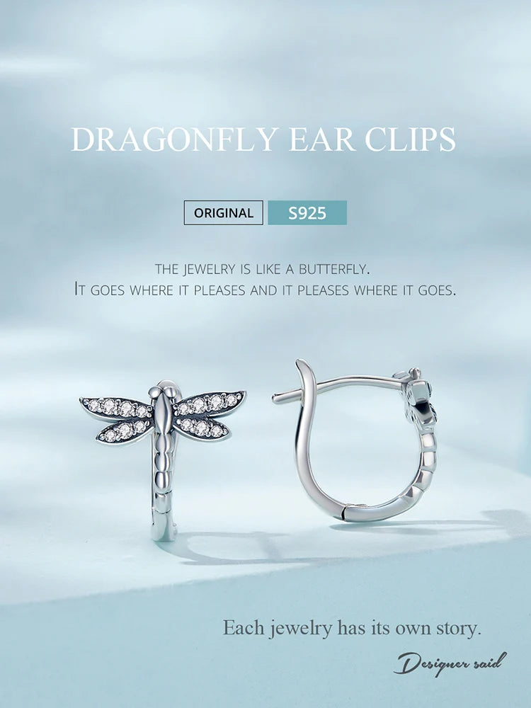 Sterling Silver Zircon Hoop Dragonfly Earrings - Eclectage