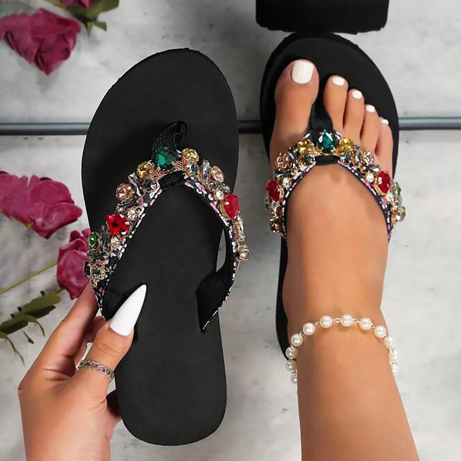 Platform Sandals Crystal Bohemian Sandals For Women Summer Soft Comfortable Bottom Flat Heels Non Slip Shoes Slippers 2024 - Eclectage