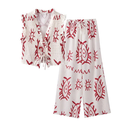 Printed Tie Front Top & Pants Set - Eclectage