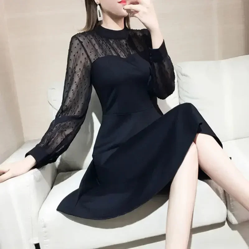 Black Long Sleeve Dress with Lace - Eclectage