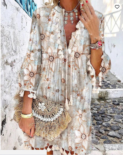 Print Boho Dress with Tassels