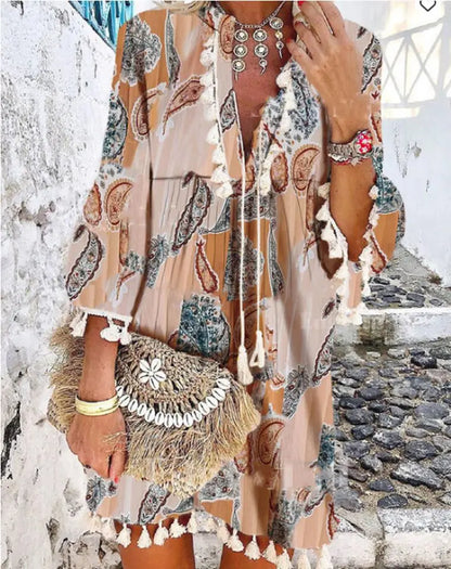 Print Boho Dress with Tassels