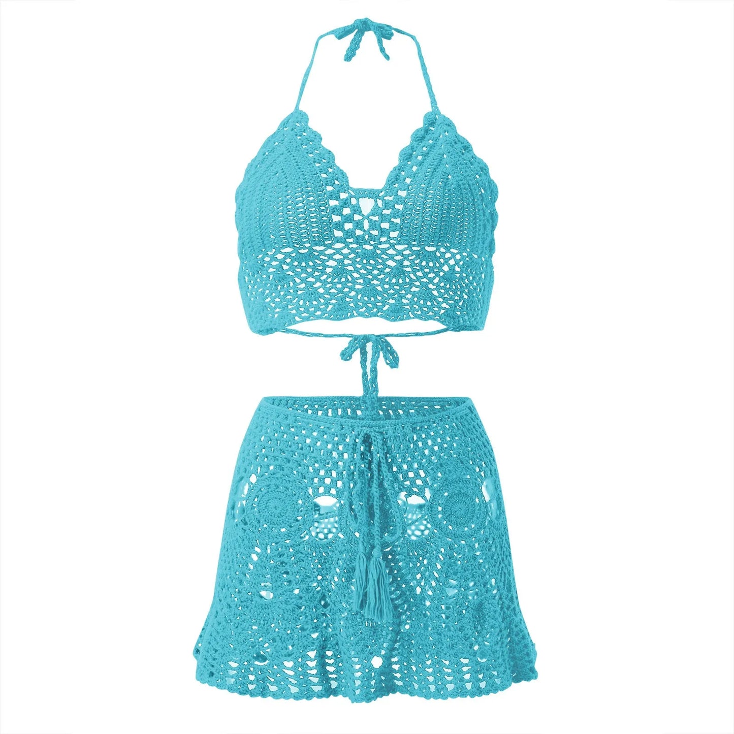 Turquoise crochet bikini set on a white background