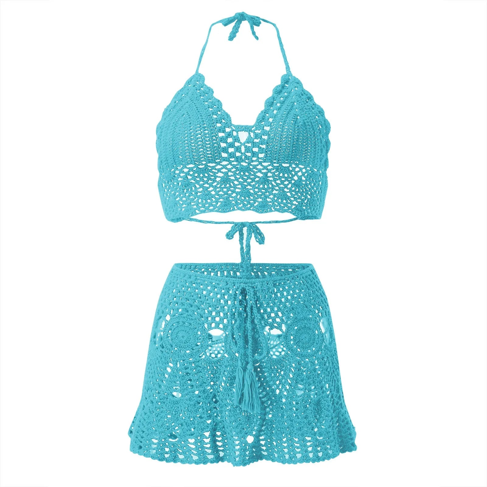 Turquoise crochet bikini set on a white background