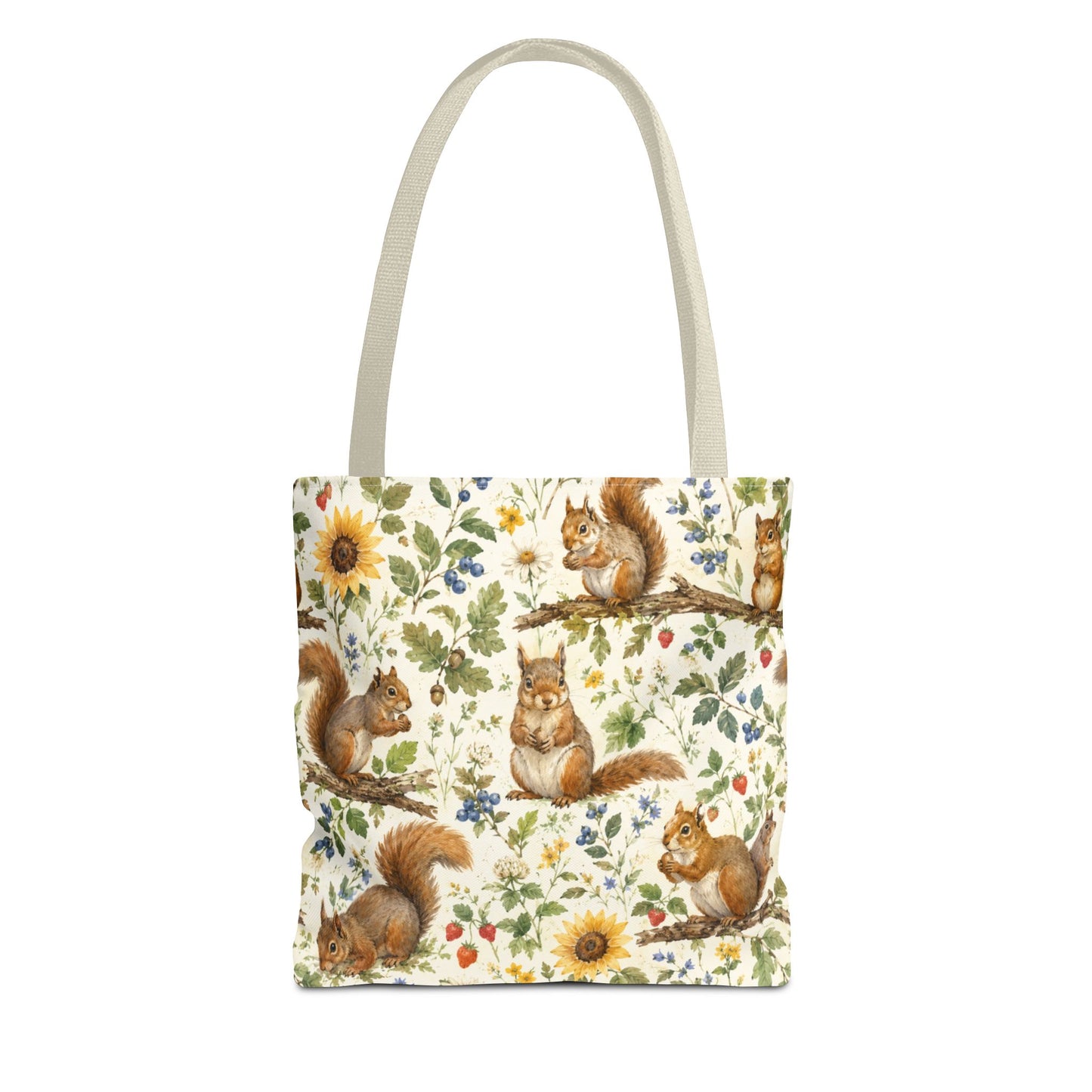 Squirrel tote bag with beige handles, shown on a white background