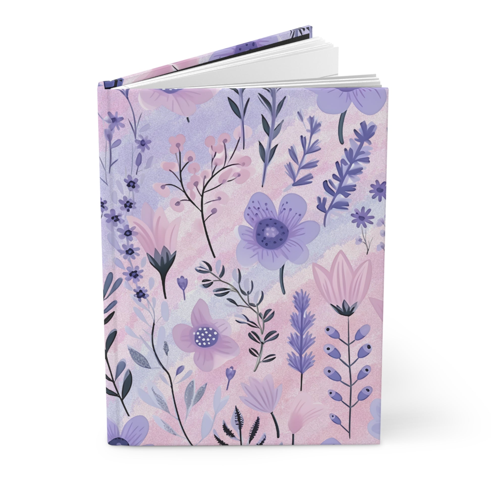 Wildflower journal with a pattern  of purple and pink flowers on a watercolor background, displayed on a white studio background