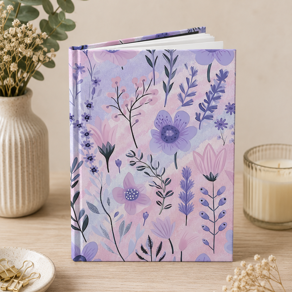 A hardcover journal with a wildflower purple and pink print is on a table next to a candle and flowers.