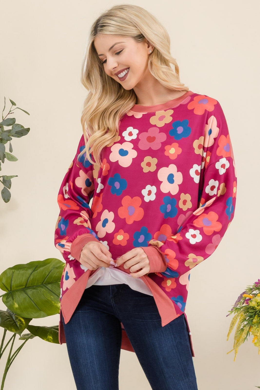 Side Slit Flower Print Long Sleeve Top - Eclectage