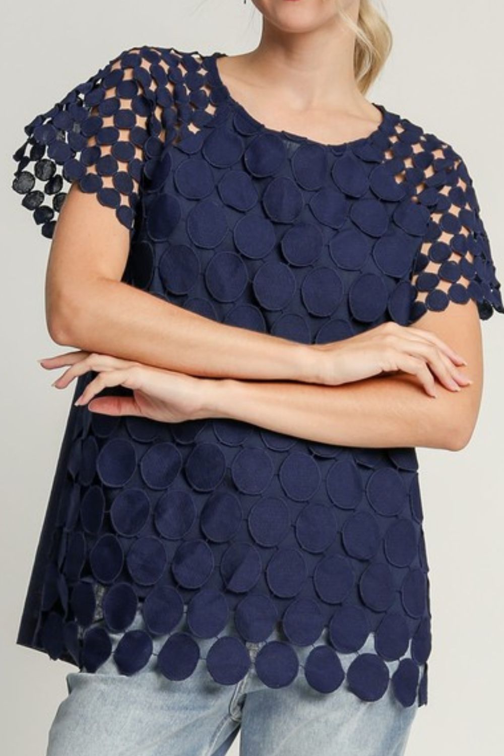 Dark Blue Polka Dot Lace Boxy Cut Top - Eclectage