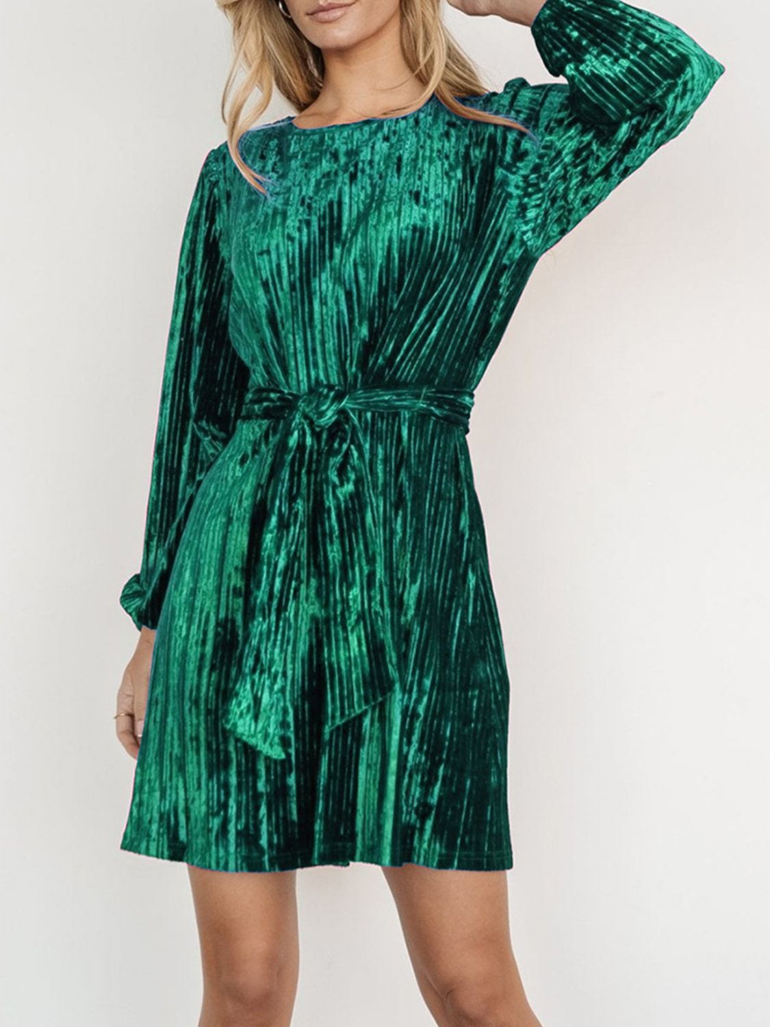 Velvet Tie Waist Long Sleeve Mini Dress