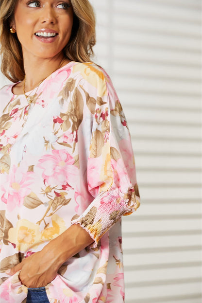 Double Take Floral Round Neck Three-Quarter Sleeve Top - Eclectage