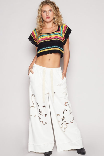 POL Openwork Ethnic Pattern Square Neck Cropped Knit Top - Eclectage